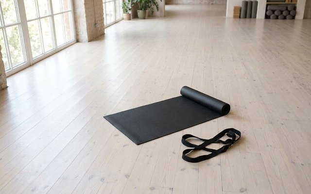 A black yoga mat partly unrolled on the pale wooden floor of a bright studio, its carry sling beside it