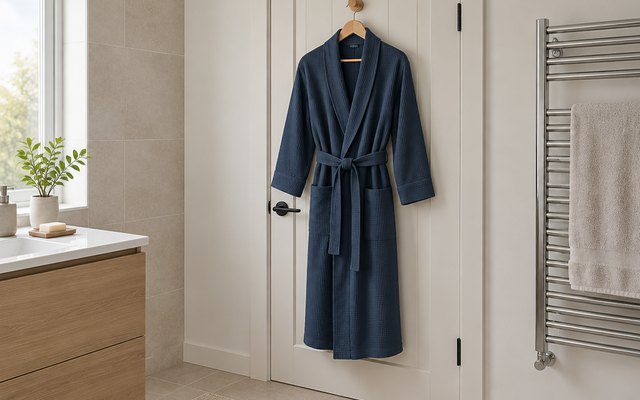 Amazon Essentials waffle robe, hanging on a wooden hook on a bathroom door beside a heated towel rail