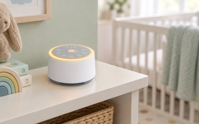 A round white sound machine with a soft glowing ring on a shelf in a pastel nursery, a crib softly out of focus