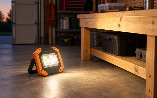 OTYTY rechargeable work light, standing on a concrete garage floor, lighting up a workbench