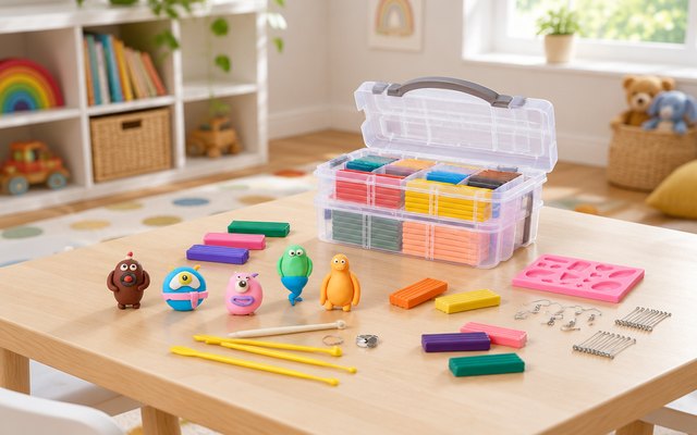 Shuttle Art polymer clay kit, on a low children's play table in a bright playroom, a few simple rolled clay animals beside it