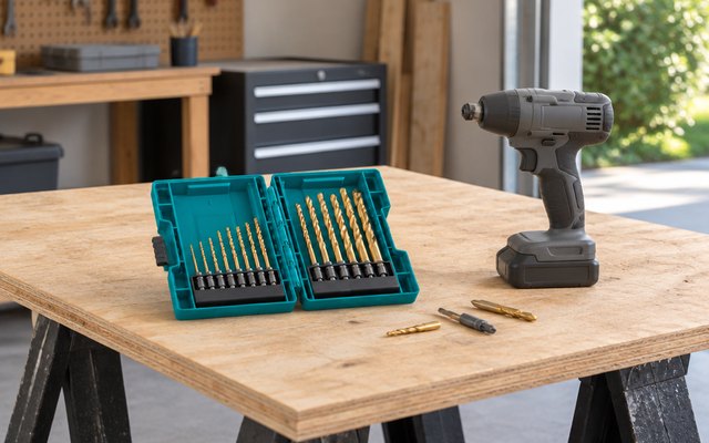 Makita Impact GOLD drill bit set, on a sheet of plywood across sawhorses in a garage beside an impact driver