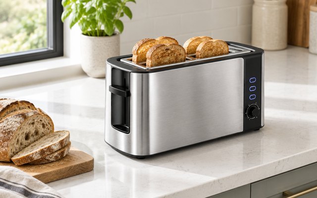 Elite Gourmet long-slot toaster, on a white quartz counter beside a loaf of sourdough on a board