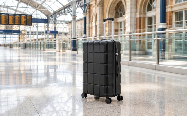 ATX 28in suitcase, standing on the floor of a bright, empty railway station