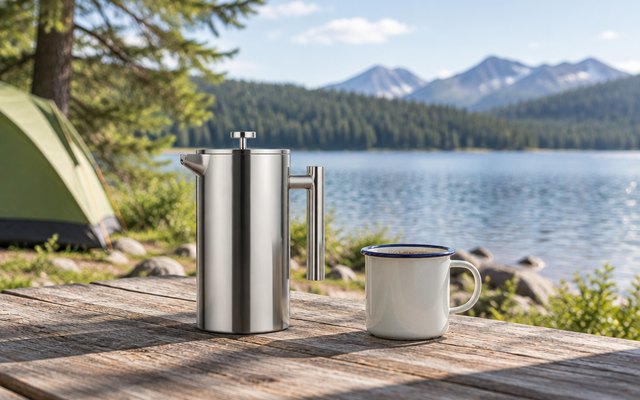 Stainless steel French press on a wooden picnic table at a lakeside campsite beside an enamel camping mug