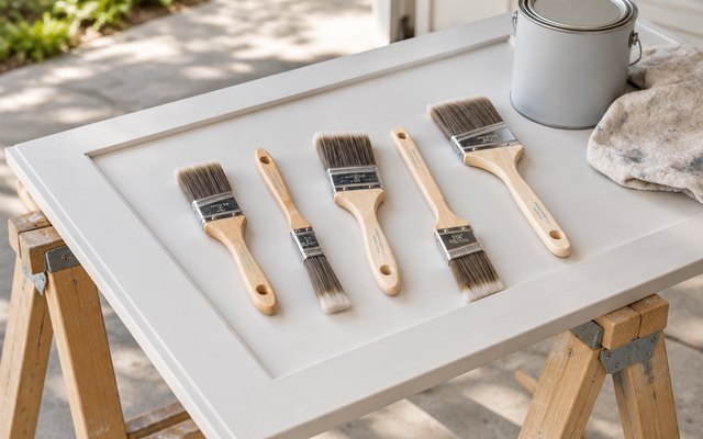 Pro Grade paint brush set, beside a kitchen cabinet door laid flat across two sawhorses