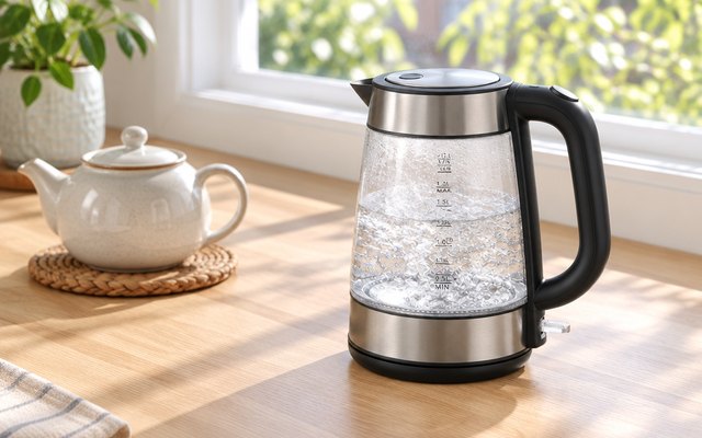 Glass electric kettle with a black base on a light wood counter by a sunny window beside a teapot