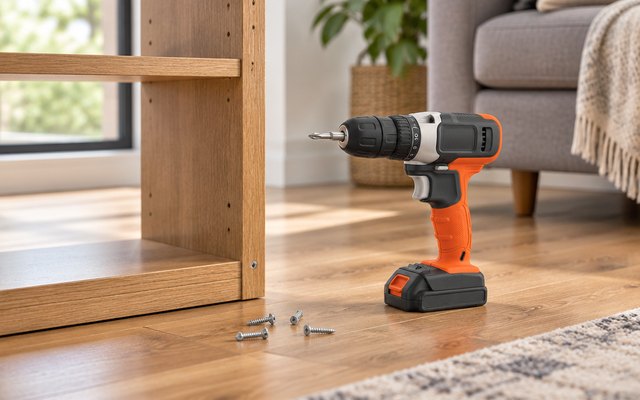 Cordless drill/driver with battery, on a living room floor beside a half-assembled bookshelf and a few screws