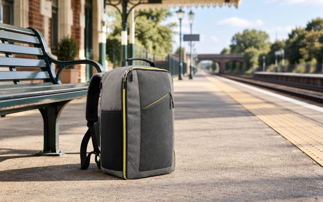 Cabin Max Manhattan backpack, standing on an empty, sunlit railway platform