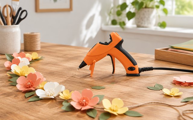 Gorilla mini glue gun, on its stand on a craft table beside a half-made paper flower garland