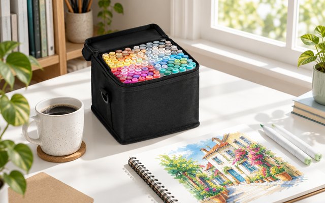 Ohuhu 120-color alcohol markers, on a white desk in a sunny American home office corner beside a sketchbook with a colorful illustration and a cup of coffee