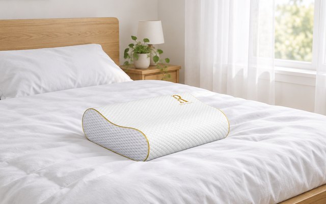 Royal Therapy contour pillow, on a white duvet on a wooden bed frame under a window with sheer curtains