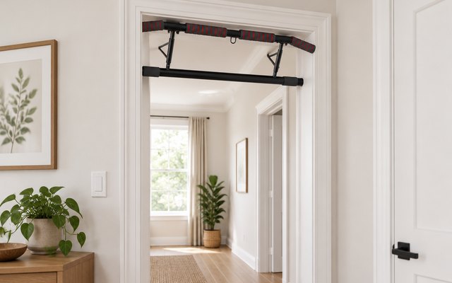 AmazeFan doorway pull-up bar, in a hallway of a bright house
