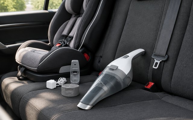 BLACK+DECKER dustbuster QuickClean Cordless Handheld Vacuum, on the rear seat of a family car beside a child car seat