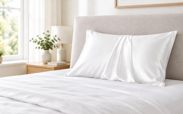 Ravmix silk pillowcase, on a neatly made bed in a bright bedroom