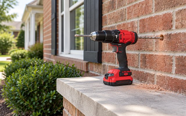 Cordless hammer drill with battery and masonry bit, resting on a ledge beside a brick wall with a freshly drilled hole outside an American house