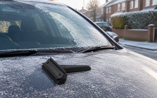 Sakura squeegee ice scraper, resting on the frosty bonnet of a car parked on a British residential street on a winter morning, the windscreen half cleared