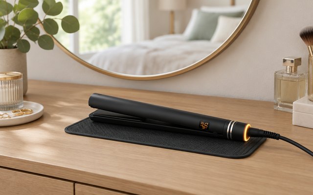 Hot Tools Black Gold flat iron, on a heat mat on a bedroom dressing table in front of a round mirror
