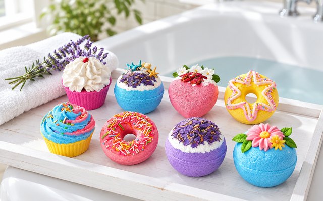 Eight decorated bath bombs, cupcakes, a heart, a star and a donut among them, on a white tray on the edge of a bath