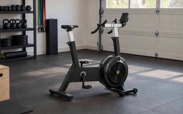 Concept2 BikeErg, in a garage home gym on a black rubber floor