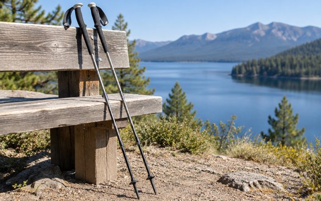 Black Diamond Trail Trekking Poles, pair of trekking poles leaning on a wooden bench at a lake overlook on a clear day