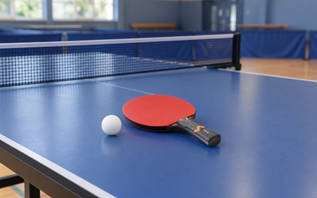 Table tennis bat, on a blue table in a sports hall at a local club