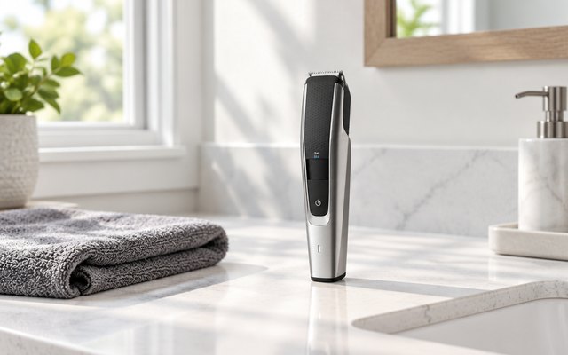 Philips Norelco Series 5500 beard trimmer, standing upright on a white quartz bathroom vanity beside a folded gray hand towel, morning light from a window