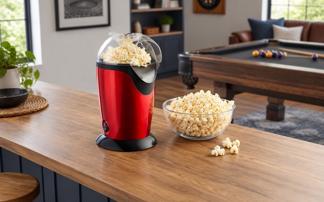 Andrew James popcorn maker, on the counter of a home games room beside a bowl of popcorn