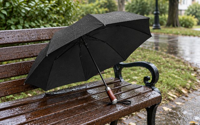 Balios Lux folding umbrella, resting on a park bench in light rain