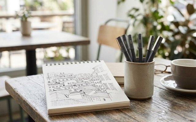 Black fineliner pens in a ceramic cup beside a sketchbook with a line drawing of a street, on a café table
