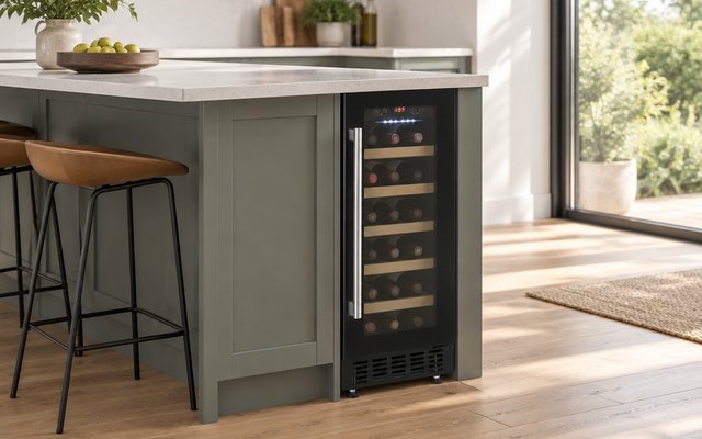 Cookology under-counter wine cooler, built in under the worktop of a kitchen island
