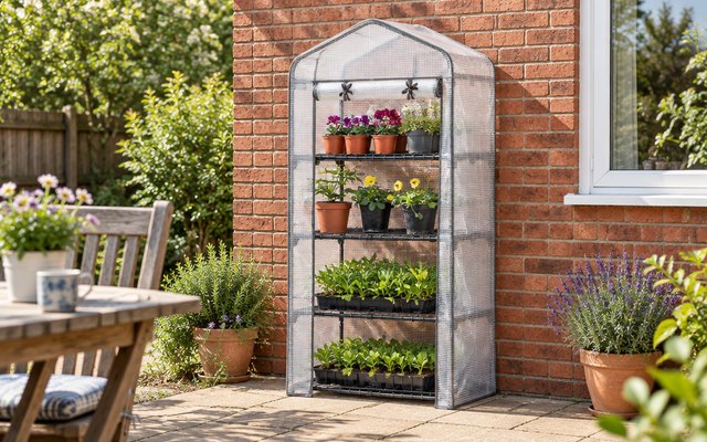 Christow mini greenhouse, against a brick wall on a sunny British patio, trays of seedlings on its shelves
