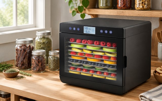 Magic Mill Premium Food Dehydrator, large ten-tray food dehydrator on a pantry counter with jars of homemade jerky and dried herbs