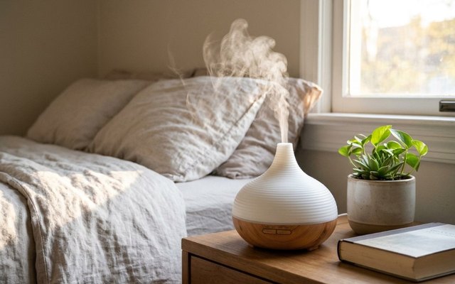 White diffuser with a light wood base misting on a bedside table beside a plant and a book