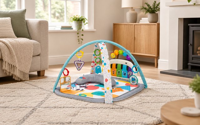 Baby play gym, set up on a soft rug in a bright British living room
