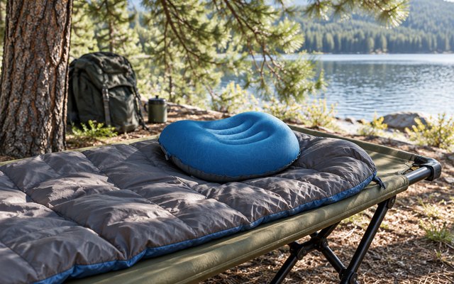 Inflatable camping pillow, inflated on a sleeping bag on a camp cot under a pine tree at a lakeside campsite