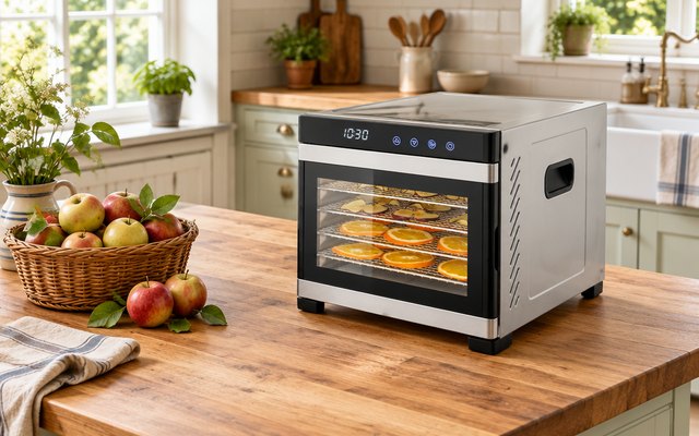 SousVideTools food dehydrator, on a wooden worktop in a large country kitchen beside a basket of garden apples