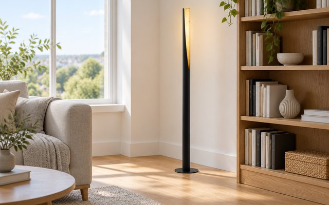 Slim black floor lamp glowing gently beside a bookcase in a bright sitting room with pale walls and an oak floor