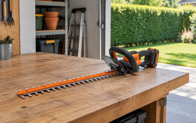 WORX WG261 hedge trimmer, on a garage workbench, a hedge and lawn visible through the open garage door