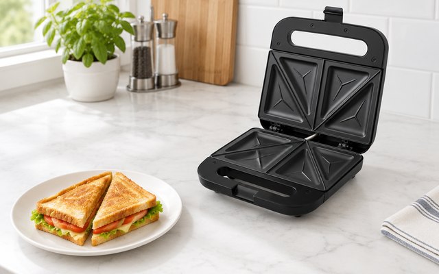 OVENTE sandwich maker, open on a white kitchen counter beside a plate with a toasted sandwich