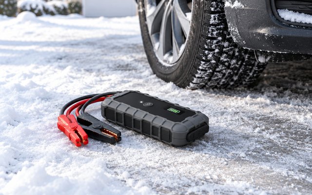 Jump starter with its clamps coiled beside it on the floor of a snowy driveway next to a car's front tire