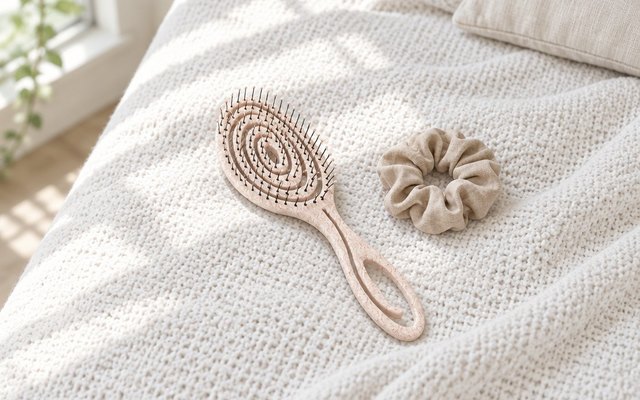Cream oval detangling brush with a looped handle on a white bedspread