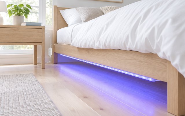 Govee RGB LED strip glowing under a bed frame in a bright bedroom