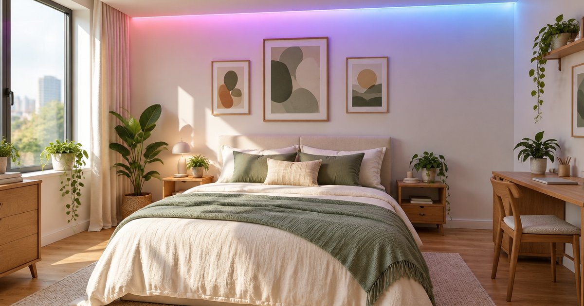 A bright bedroom with a colour LED strip glowing pink to blue along the top of the wall above the bed
