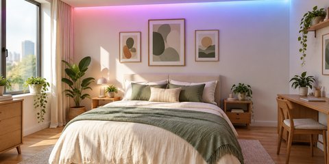 A bright bedroom with a colour LED strip glowing pink to blue along the top of the wall above the bed