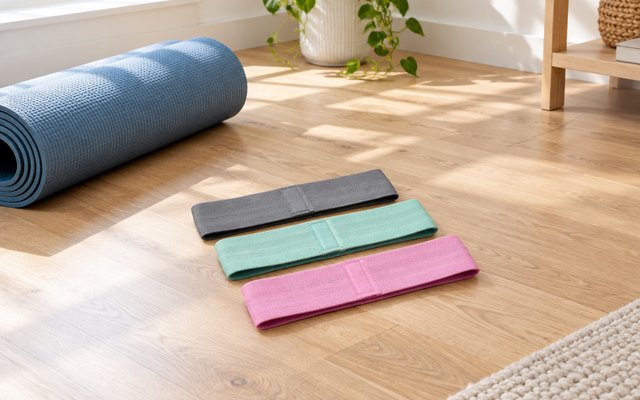 Three fabric resistance bands on a wooden floor beside a mat