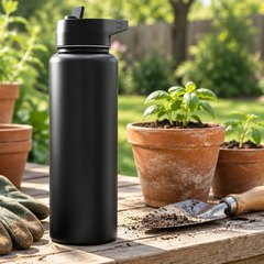 Black IRON FLASK 40 oz bottle with a straw lid on a sunny garden potting bench beside gardening gloves, a trowel and seedlings