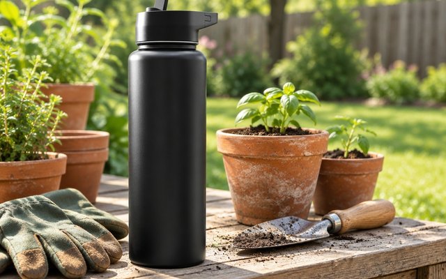 Black IRON FLASK 40 oz bottle with a straw lid on a sunny garden potting bench beside gardening gloves, a trowel and seedlings