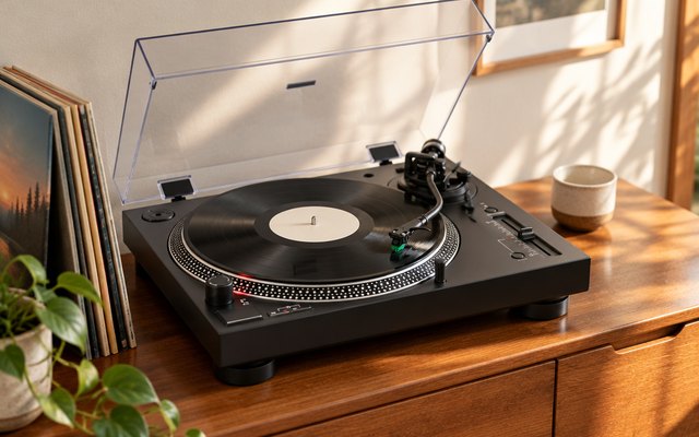 Audio-Technica AT-LP120XUSB Direct-Drive Turntable, record player on a wooden sideboard with a record playing, a few LP sleeves leaning beside it