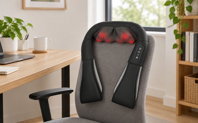 Cordless neck and shoulder massager draped over a home-office chair beside a desk